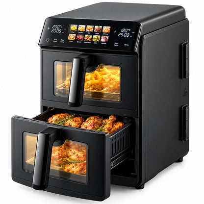 Just Perfecto Oil-Free Hot Air Fryer, Dual Stacked Cooking Compartments  Digital Touchscreen for Frying