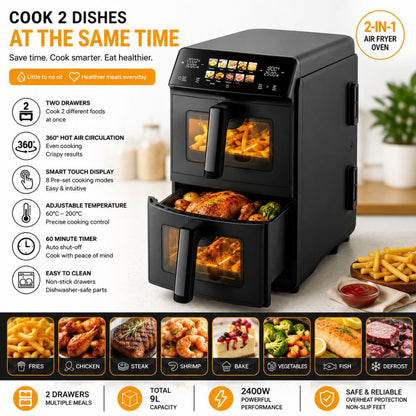 Just Perfecto Oil-Free Hot Air Fryer, Dual Stacked Cooking Compartments  Digital Touchscreen for Frying