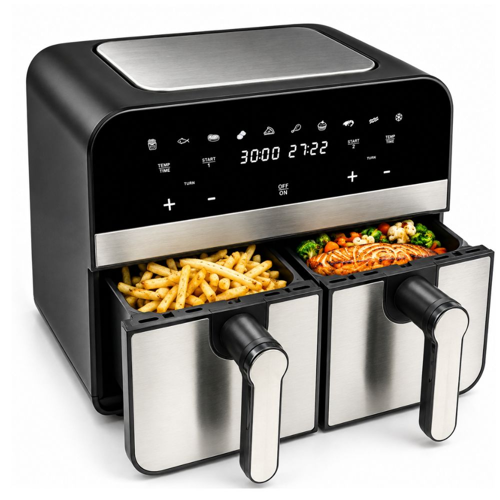 Comfy Nest  Double Basket Digital Air Fryer 9L, 2400W  Dual Cooking Compartments  Touchscreen Display, Adjustable