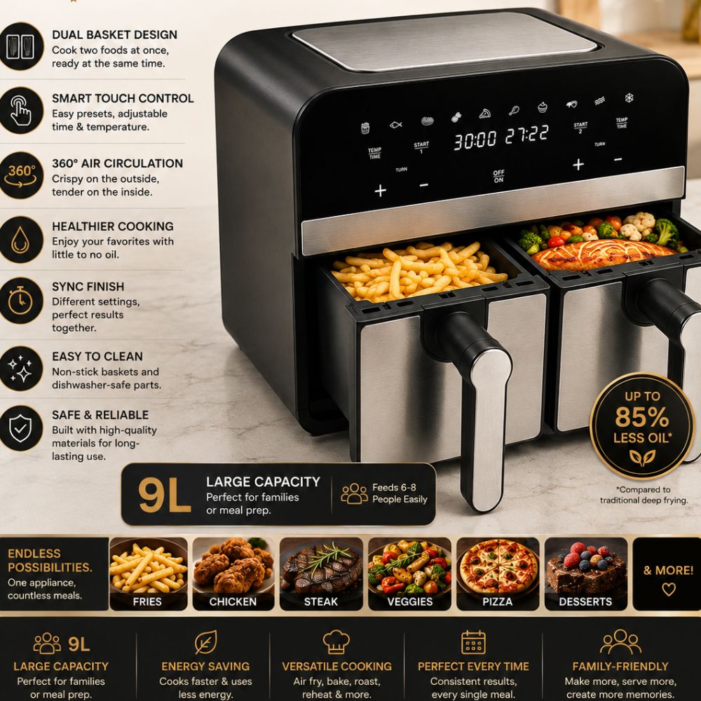 Comfy Nest  Double Basket Digital Air Fryer 9L, 2400W  Dual Cooking Compartments  Touchscreen Display, Adjustable