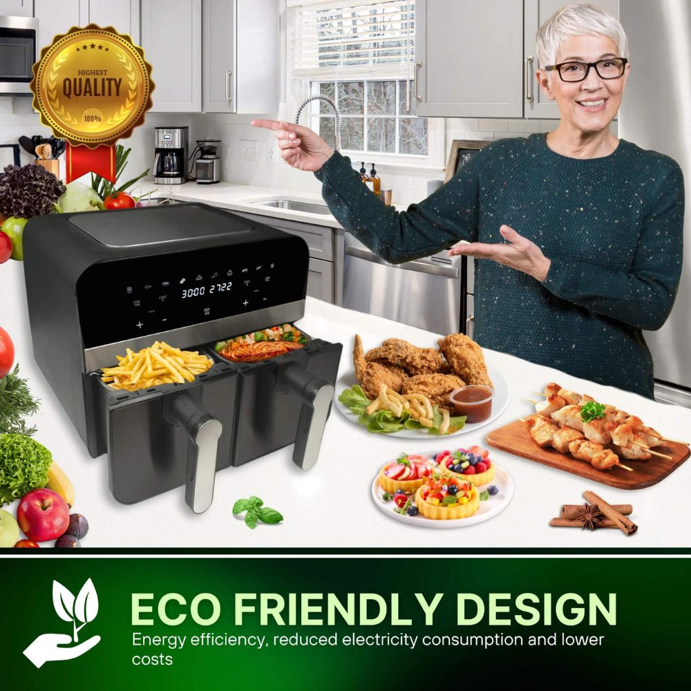 Comfy Nest  Double Basket Digital Air Fryer 9L, 2400W  Dual Cooking Compartments  Touchscreen Display, Adjustable