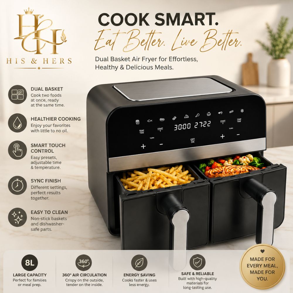 Comfy Nest  Double Basket Digital Air Fryer 9L, 2400W  Dual Cooking Compartments  Touchscreen Display, Adjustable