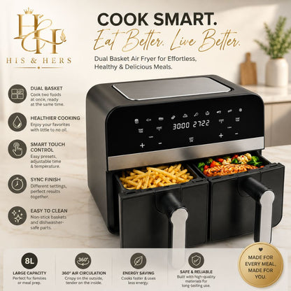 Comfy Nest  Double Basket Digital Air Fryer 9L, 2400W  Dual Cooking Compartments  Touchscreen Display, Adjustable