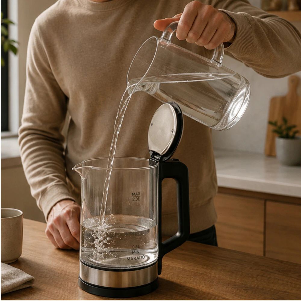 Marado Electric Glass Kettle 2L, 1500W Fast Boil Water Kettle, LED Blue Light, Cordless 360° Rotating Base Auto Shut-Off