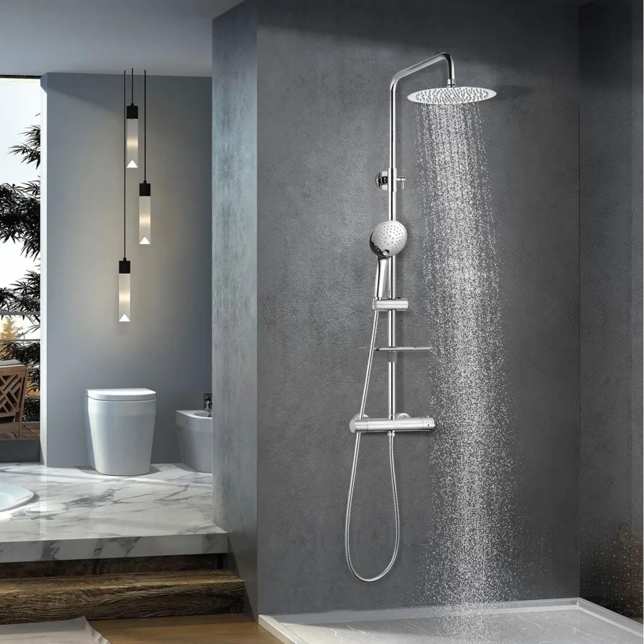 Luxury Thermostatic Shower Column Stainless Steel Chrome with Rain Shower Head, Hand Shower, Thermostatic Mixer and Bar