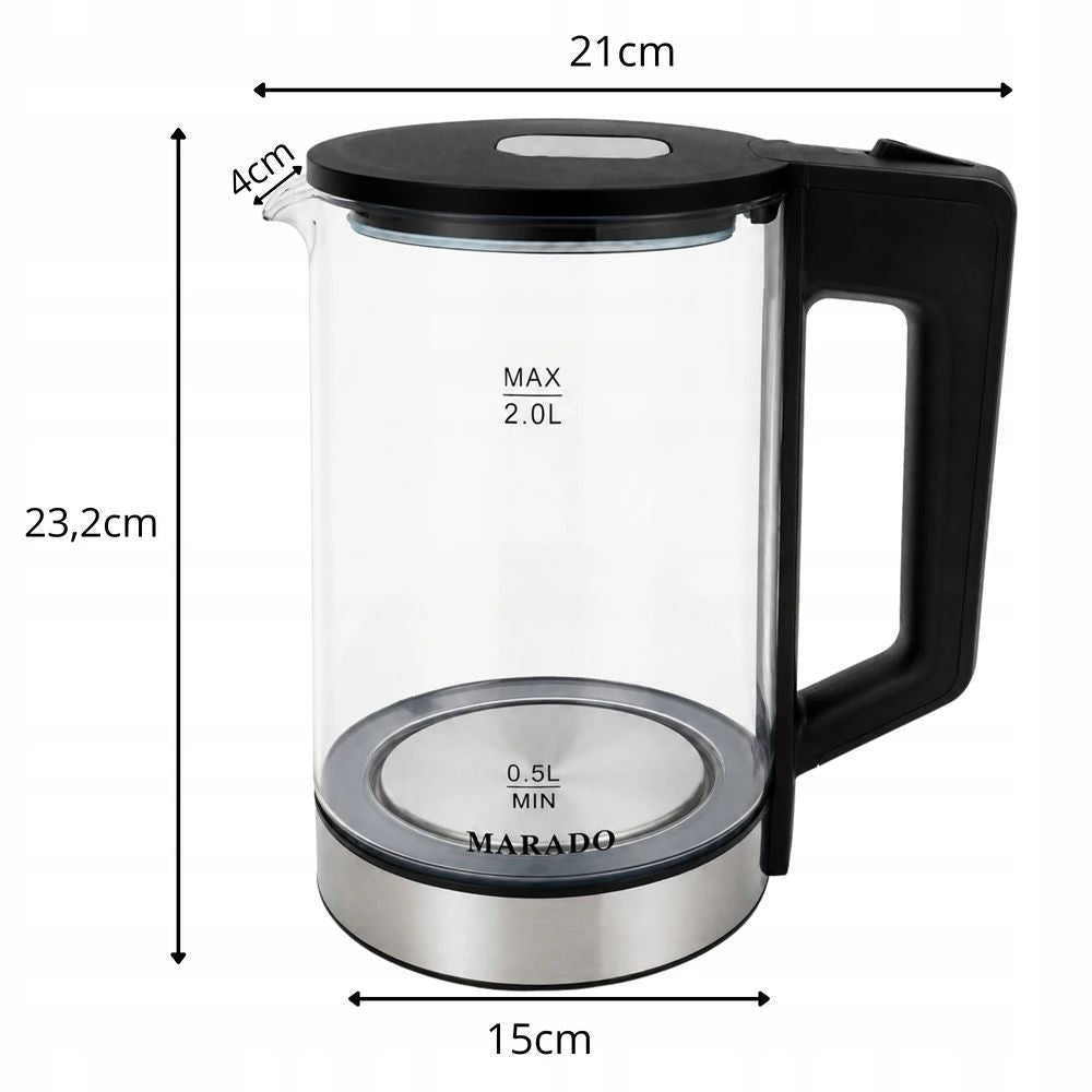 Marado Electric Glass Kettle 2L, 1500W Fast Boil Water Kettle, LED Blue Light, Cordless 360° Rotating Base Auto Shut-Off