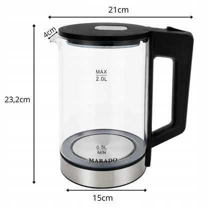 Marado Electric Glass Kettle 2L, 1500W Fast Boil Water Kettle, LED Blue Light, Cordless 360° Rotating Base Auto Shut-Off