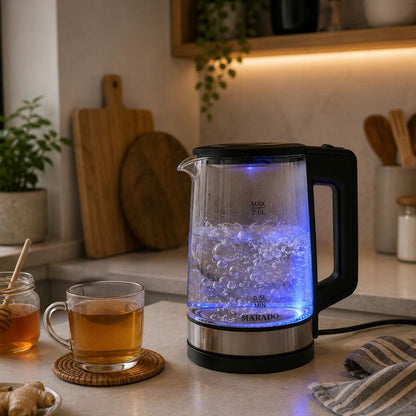 Marado Electric Glass Kettle 2L, 1500W Fast Boil Water Kettle, LED Blue Light, Cordless 360° Rotating Base Auto Shut-Off