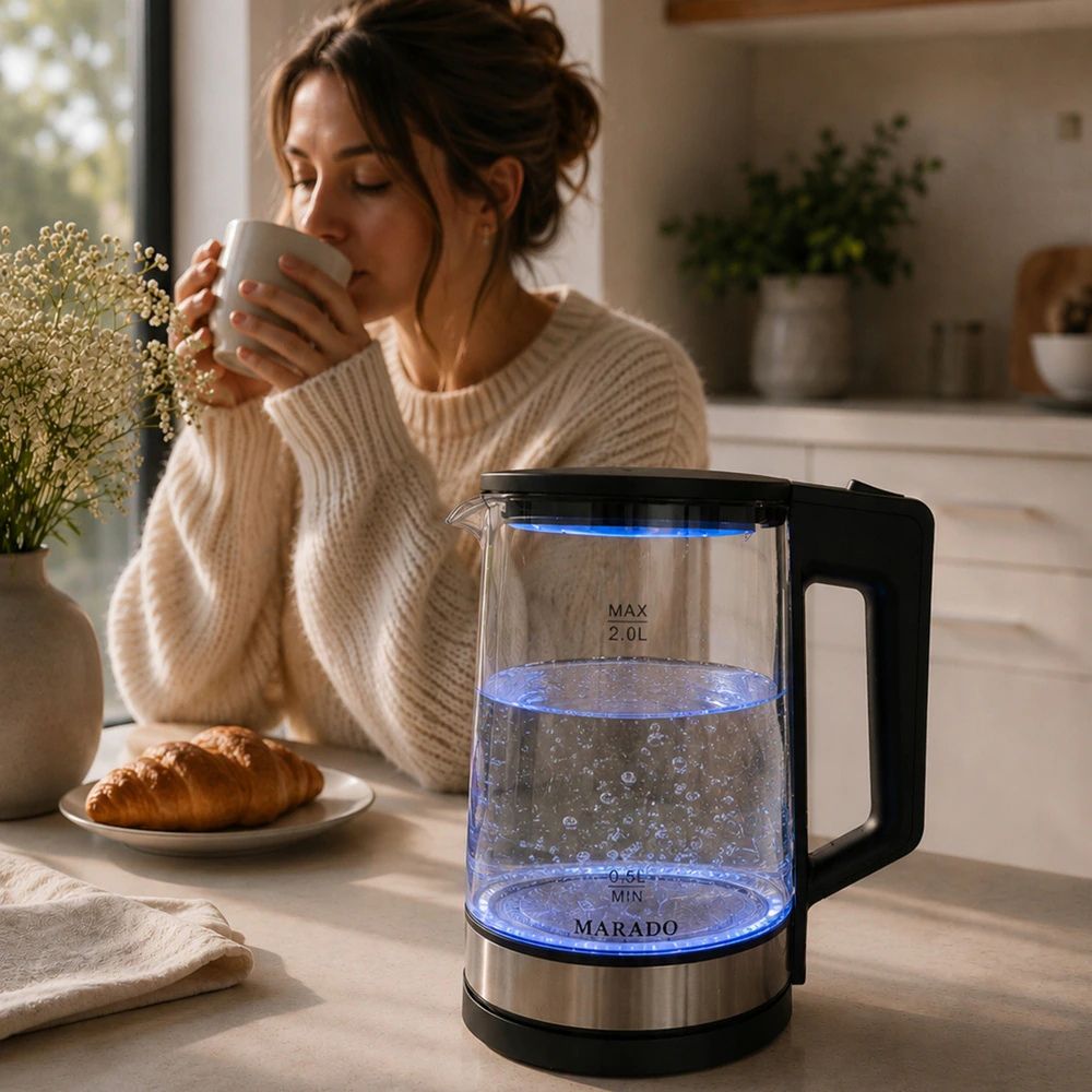 Marado Electric Glass Kettle 2L, 1500W Fast Boil Water Kettle, LED Blue Light, Cordless 360° Rotating Base Auto Shut-Off