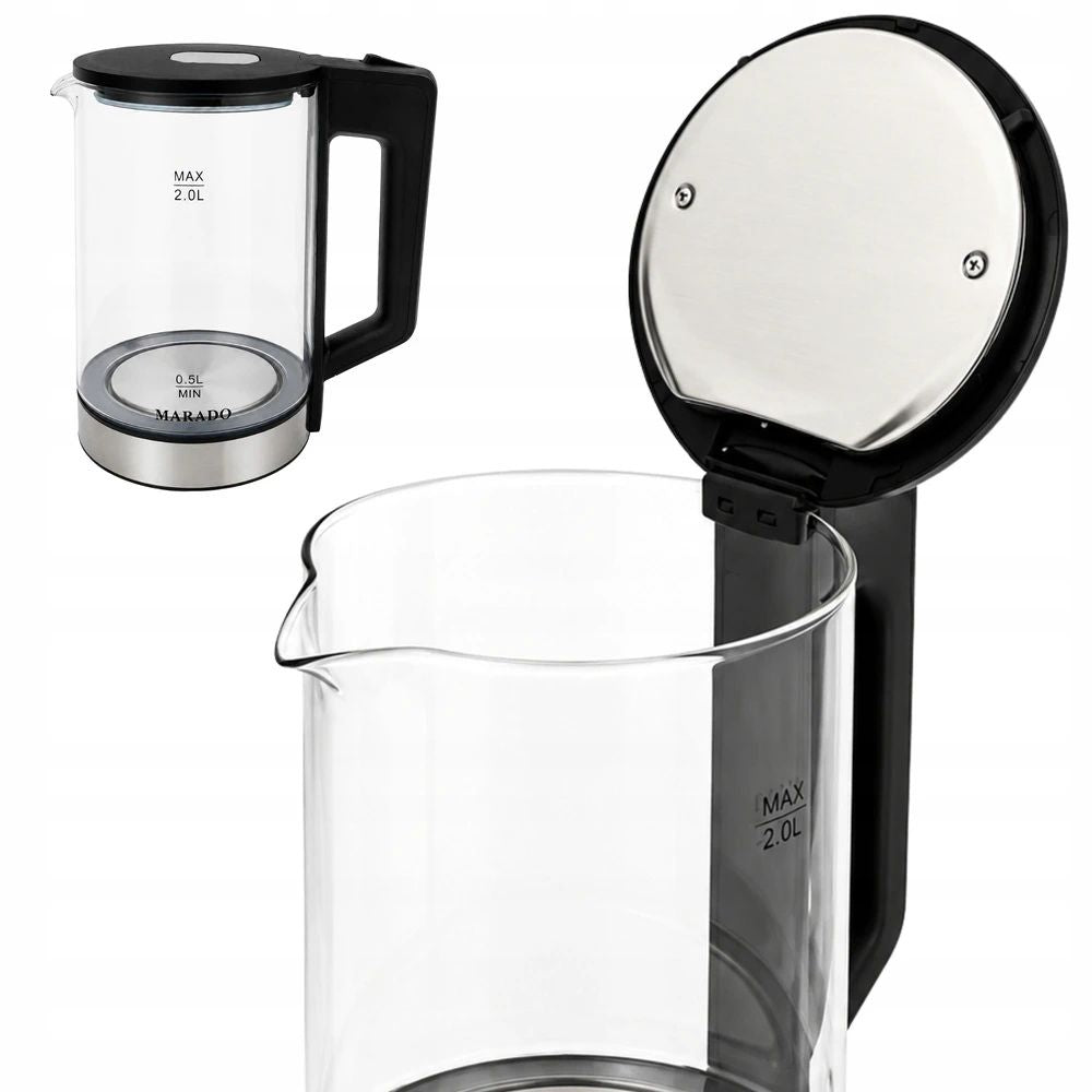 Marado Electric Glass Kettle 2L, 1500W Fast Boil Water Kettle, LED Blue Light, Cordless 360° Rotating Base Auto Shut-Off