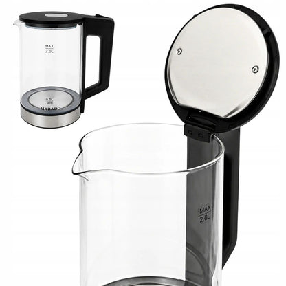 Marado Electric Glass Kettle 2L, 1500W Fast Boil Water Kettle, LED Blue Light, Cordless 360° Rotating Base Auto Shut-Off