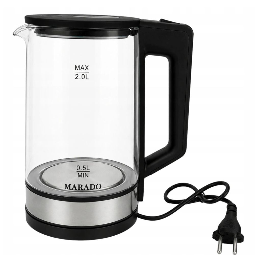 Marado Electric Glass Kettle 2L, 1500W Fast Boil Water Kettle, LED Blue Light, Cordless 360° Rotating Base Auto Shut-Off