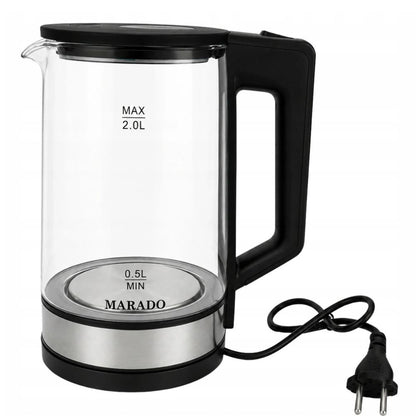 Marado Electric Glass Kettle 2L, 1500W Fast Boil Water Kettle, LED Blue Light, Cordless 360° Rotating Base Auto Shut-Off