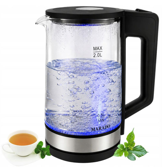 Marado Electric Glass Kettle 2L, 1500W Fast Boil Water Kettle, LED Blue Light, Cordless 360° Rotating Base Auto Shut-Off