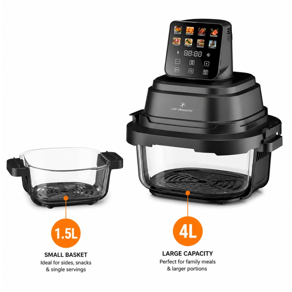 Just Perfecto  Portable Glass Air Fryer, 5.5L Total Capacity, 1.5L + 4L Clear Glass Baskets,Oil-Free Hot Air Fryer Transparent