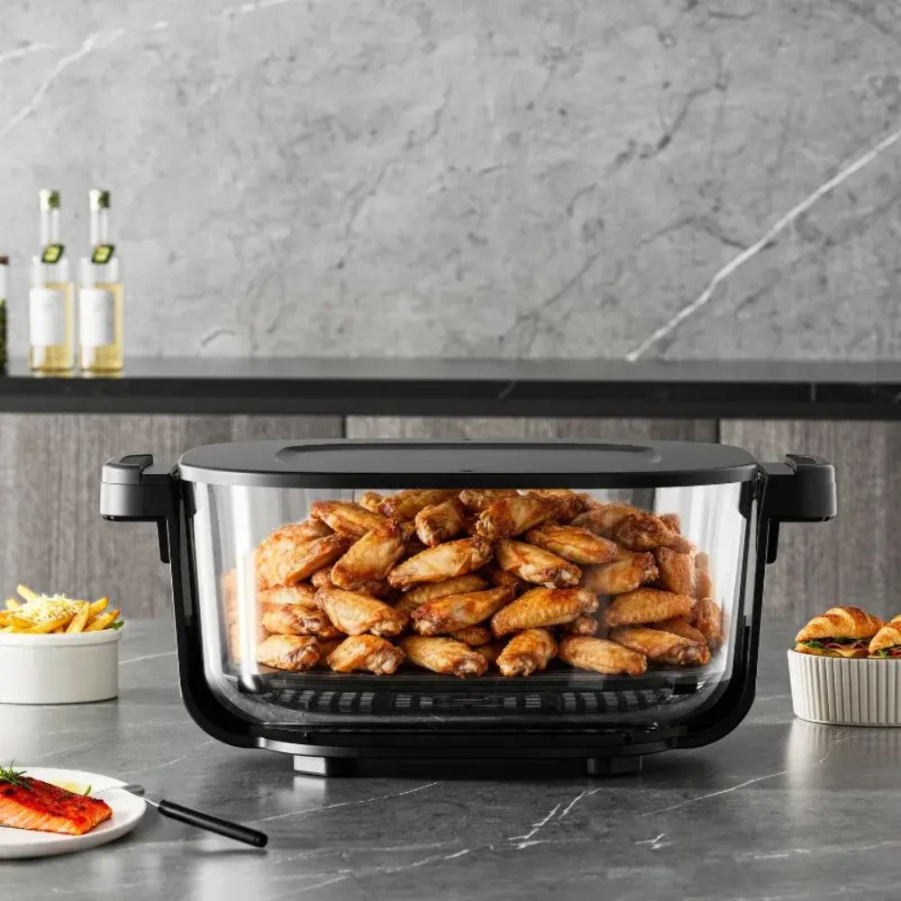 Just Perfecto  Portable Glass Air Fryer, 5.5L Total Capacity, 1.5L + 4L Clear Glass Baskets,Oil-Free Hot Air Fryer Transparent