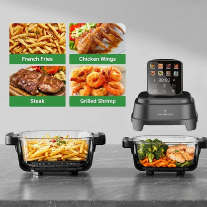 Just Perfecto  Portable Glass Air Fryer, 5.5L Total Capacity, 1.5L + 4L Clear Glass Baskets,Oil-Free Hot Air Fryer Transparent