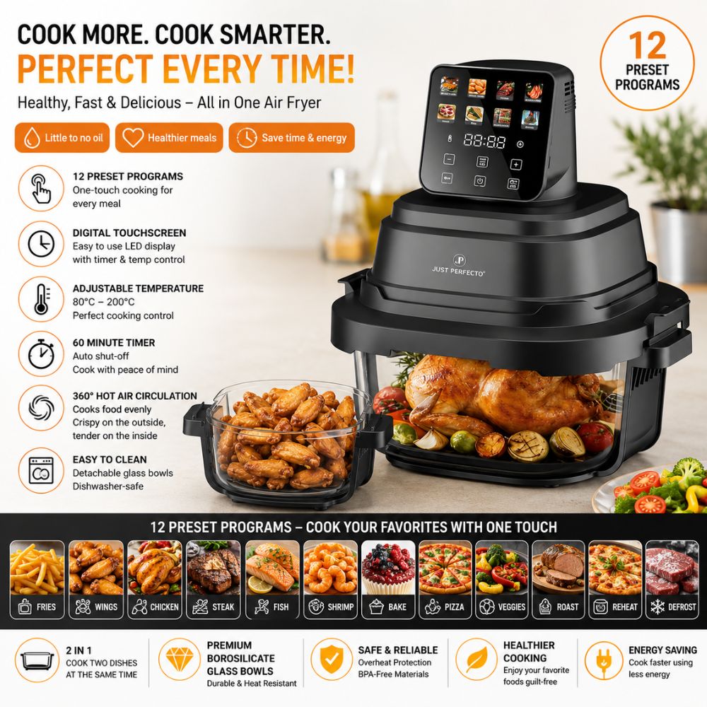 Just Perfecto  Portable Glass Air Fryer, 5.5L Total Capacity, 1.5L + 4L Clear Glass Baskets,Oil-Free Hot Air Fryer Transparent