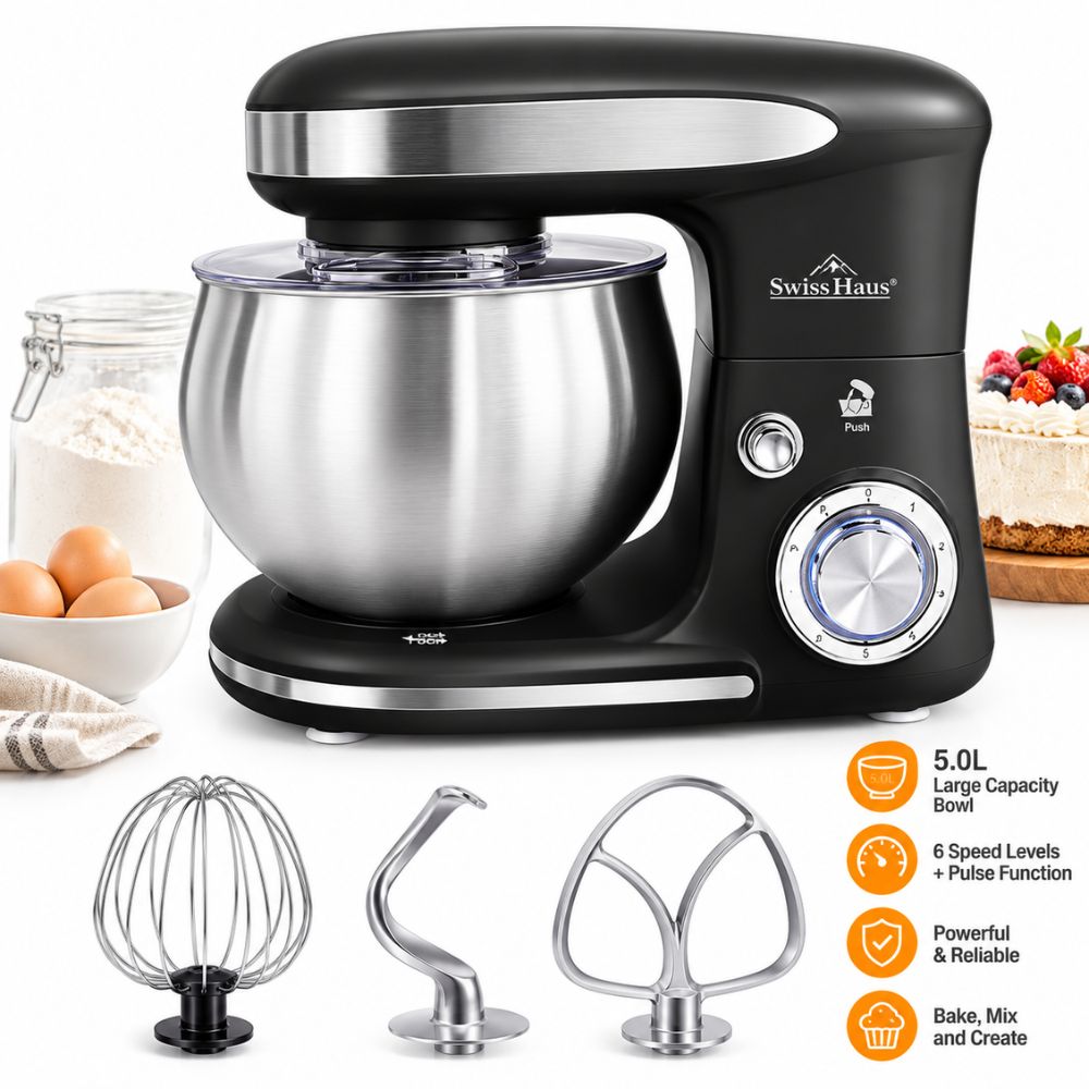 Swiss Haus Stand Mixer 1300W, 5L Large Capacity Stainless Steel Bowl,6-Speed+Pulse Function Electric Kitchen Mixer