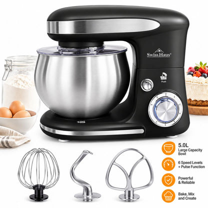 Swiss Haus Stand Mixer 1300W, 5L Large Capacity Stainless Steel Bowl,6-Speed+Pulse Function Electric Kitchen Mixer
