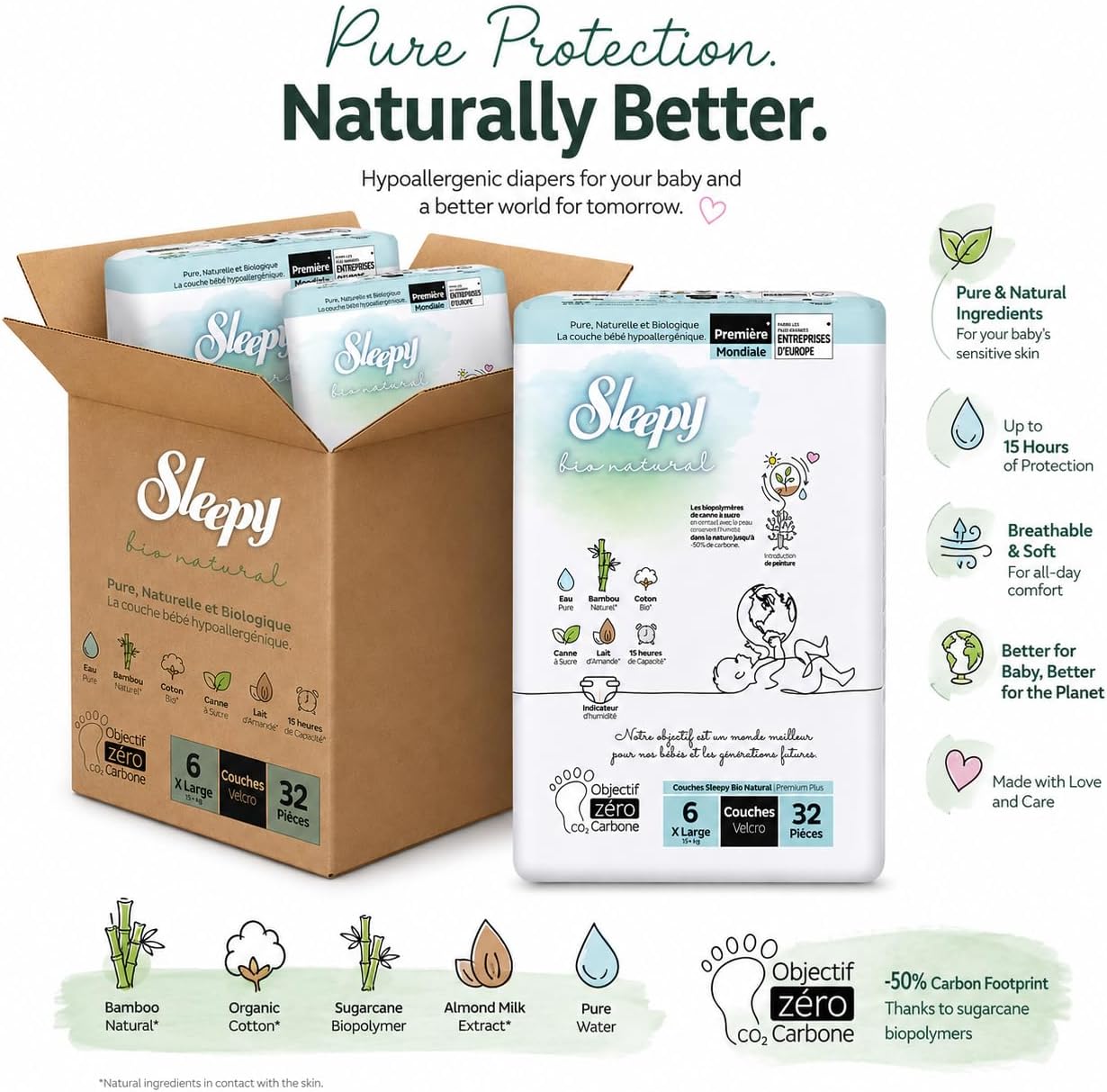 Sleepy Bio Natural Premium Baby Diapers Size 6 (15-25 kg), 96 Count, Ultra Absorbent, Hypoallergenic, Bamboo & Organic Cotton
