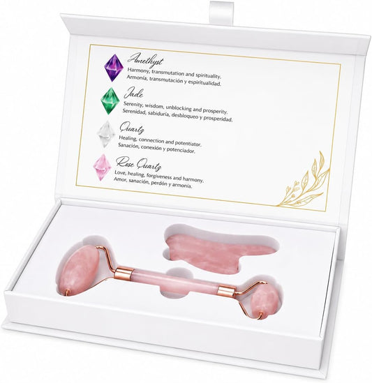 Jade Roller and Gua Sha Facial Set Natural Stone Facial Roller, Gua Sha Massage Tool, Skincare, Puffiness Reduction, Beauty Set