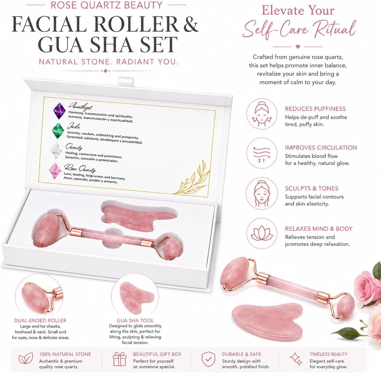 Jade Roller and Gua Sha Facial Set Natural Stone Facial Roller, Gua Sha Massage Tool, Skincare, Puffiness Reduction, Beauty Set