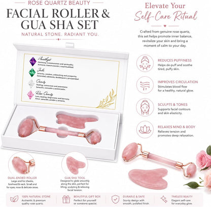 Jade Roller and Gua Sha Facial Set Natural Stone Facial Roller, Gua Sha Massage Tool, Skincare, Puffiness Reduction, Beauty Set