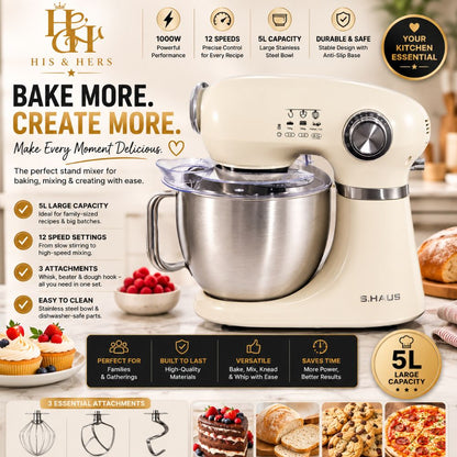 Swiss Haus  Mixer 1000W, 5L Large Capacity Bowl, 12-Speed Multi-Purpose Electric Kitchen Mixer   Kneading & Baking