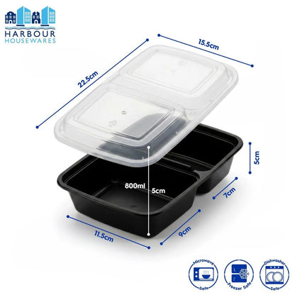 Harbour Housewares Reusable Meal Prep Containers, 800ml, 2 Compartments, Pack of 10, BPA-Free
