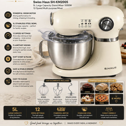 Swiss Haus  Mixer 1000W, 5L Large Capacity Bowl, 12-Speed Multi-Purpose Electric Kitchen Mixer   Kneading & Baking