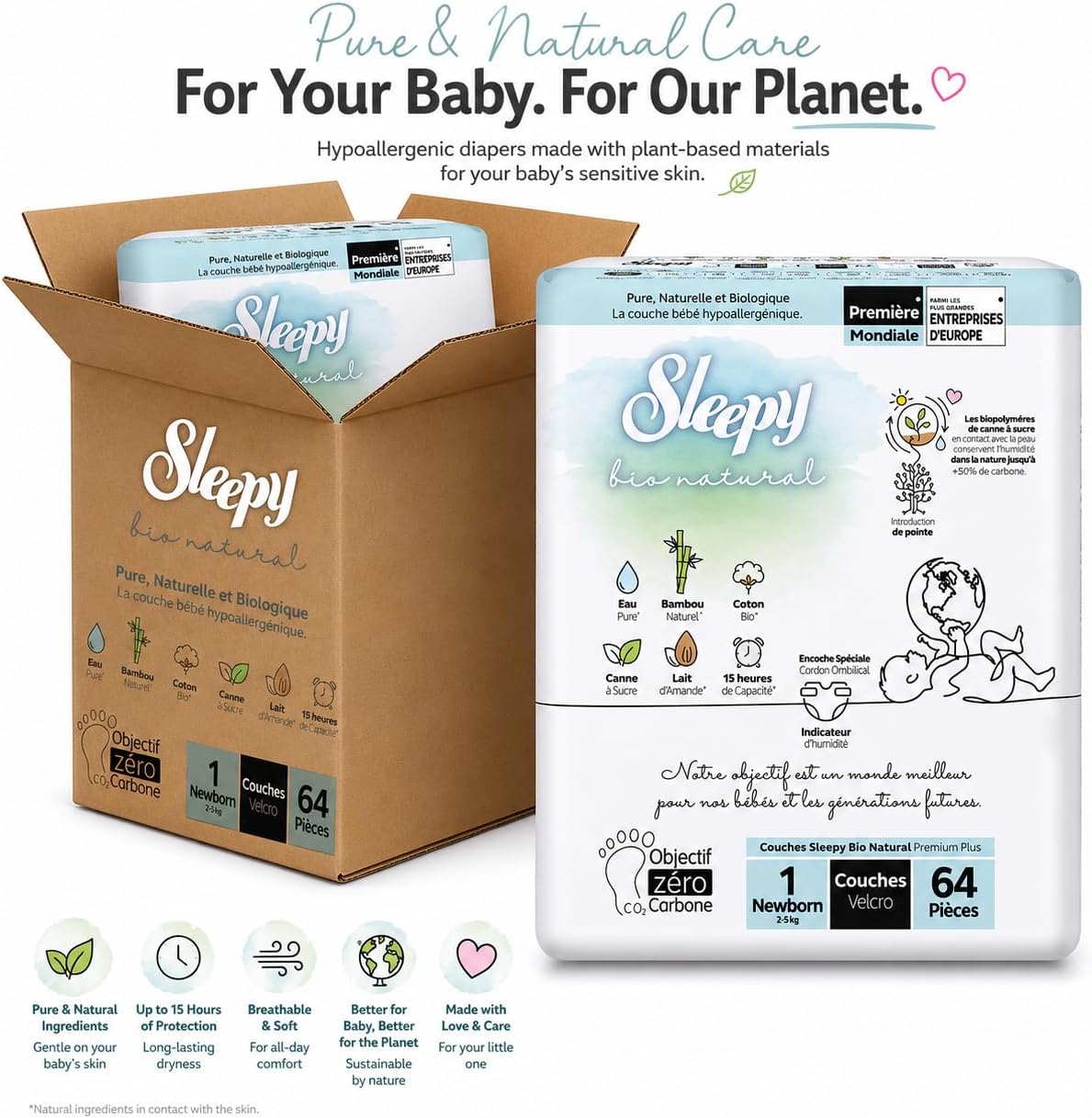Sleepy Bio Newborn Premium Size 1 (2-11 kg) Pack of 192 Nappies, Hypoallergenic, Ultra-Absorbent, Bamboo & Organic Cotton